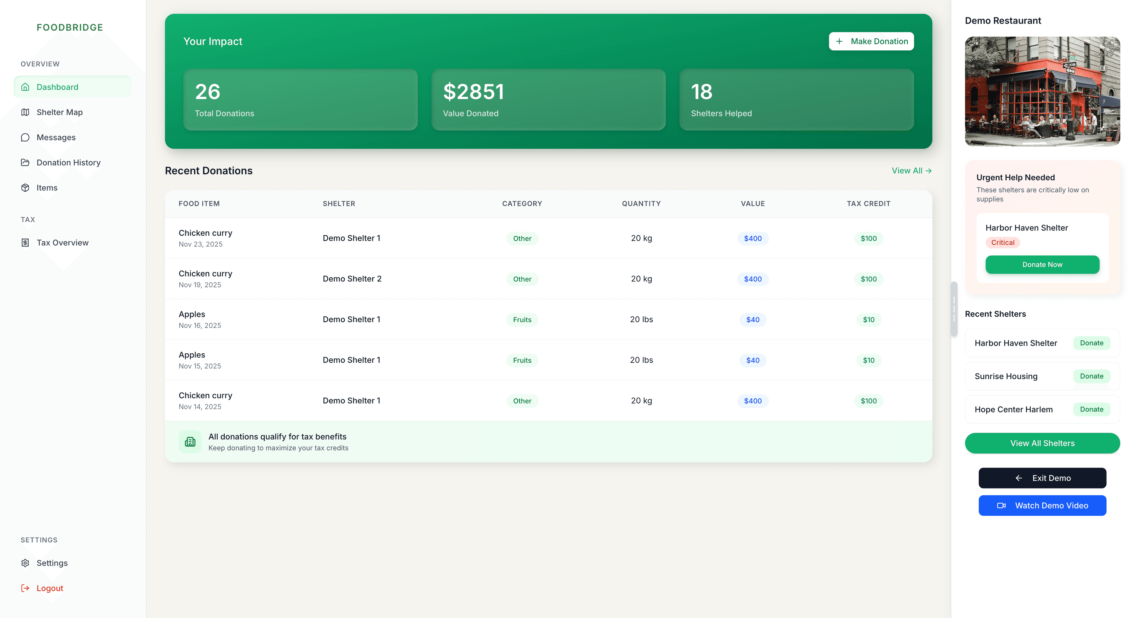 FoodBridge restaurant portal screenshot